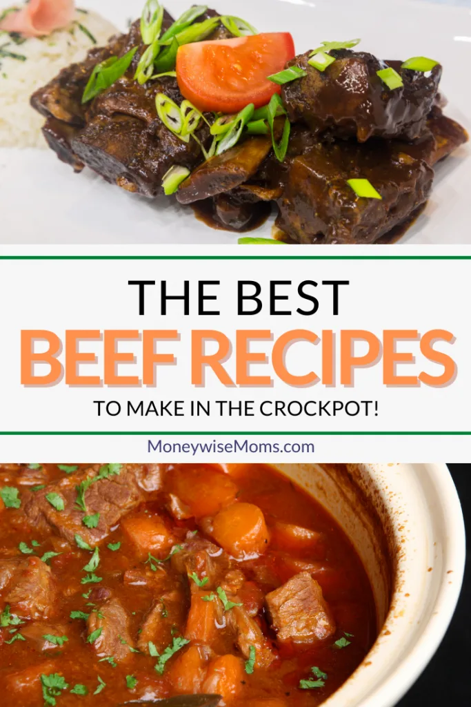 Finished pin showing the title across the middle and photos of beef crockpot recipes on top and bottom.