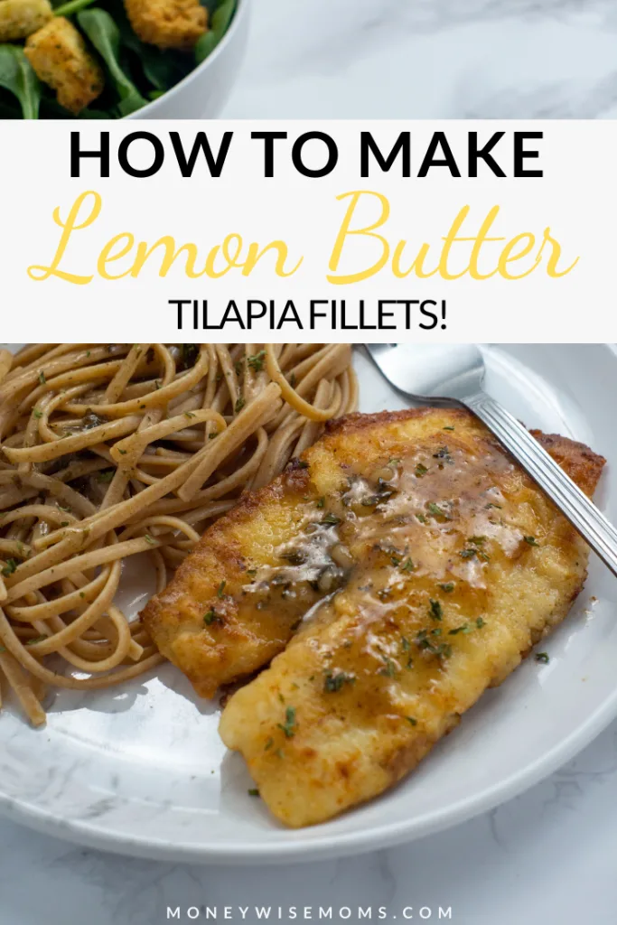 Pin showing the finished lemon butter tilapia fillet recipe ready to eat.