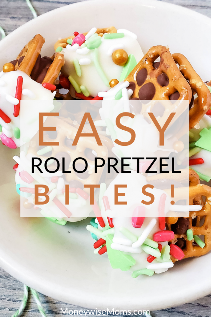 Pin showing the finished rolo pretzel bites ready to eat. 