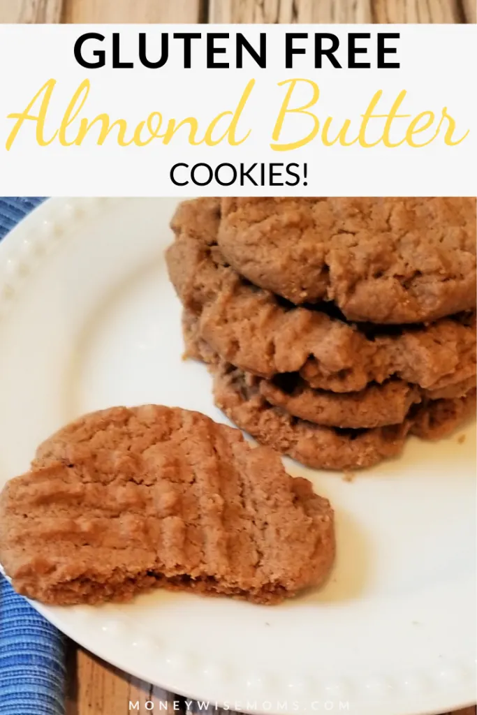 Pin shows finished almond butter cookies with title across the top.