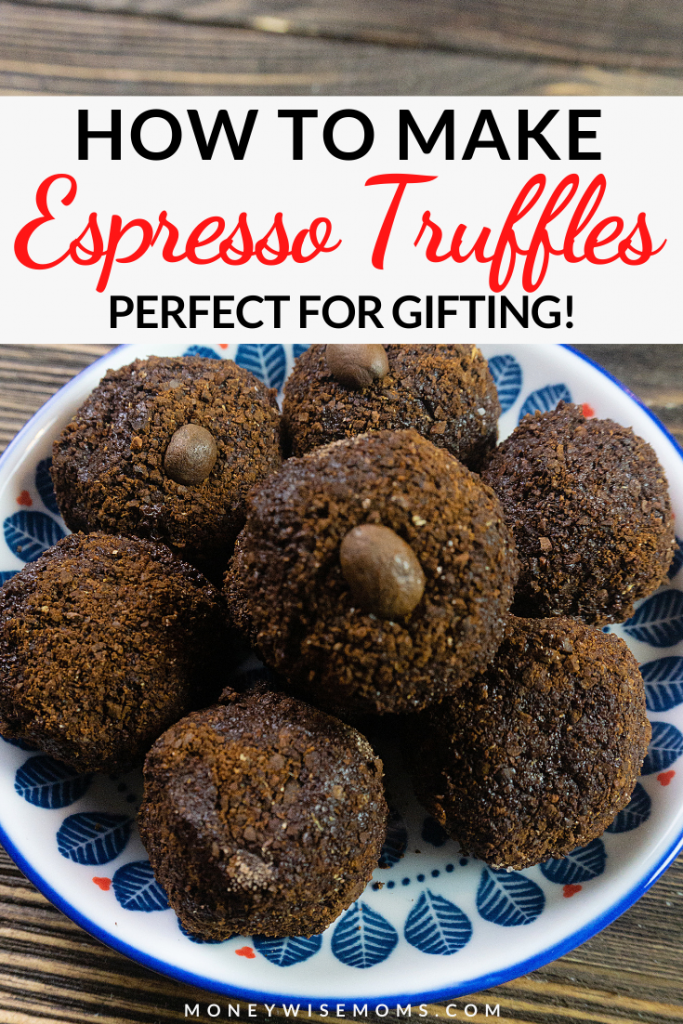 Pin showing the finished mocha espresso truffles ready to eat with title across the top. 