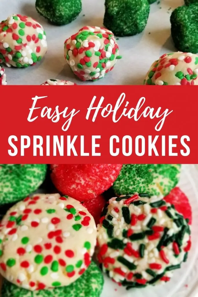 Balls of sugar cookie dough in sprinkles make deliciously Easy Holiday Sprinkle Cookies