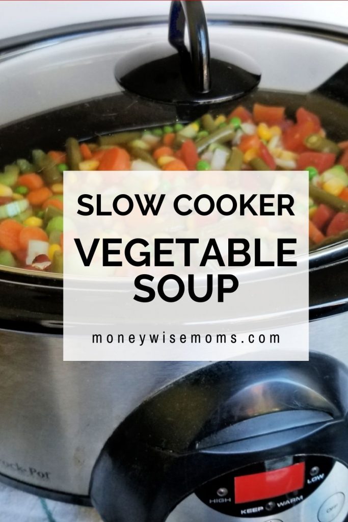 Slow cooker vegetable soup in a stainless steel crockpot