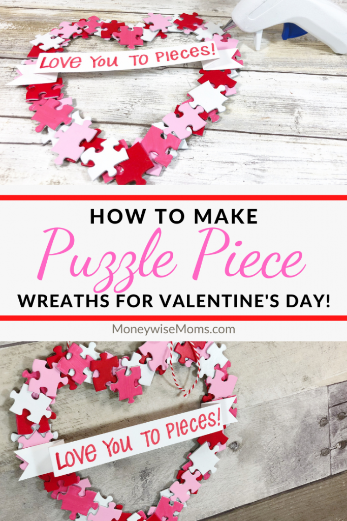 Upcycle a puzzle with missing pieces into a cute Valentine's Heart Wreath and let your family know that you love them to pieces! What a frugal way to decorate for the holiday.