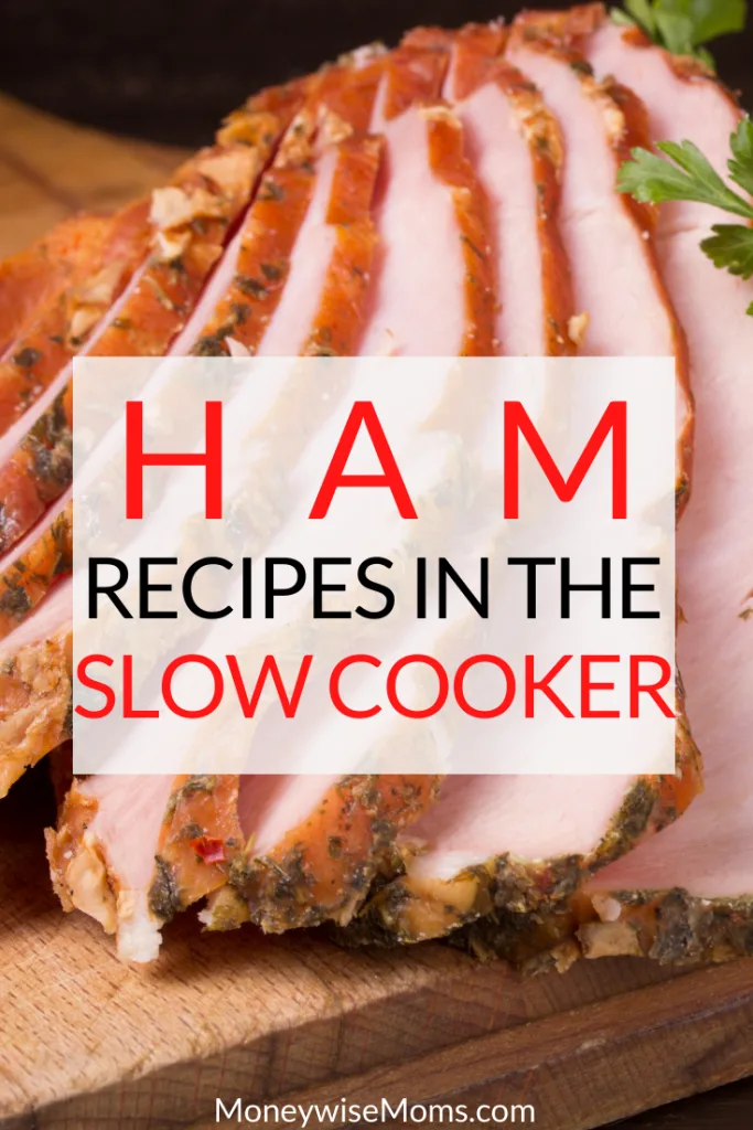A final pin showing the cooked ham slow cooker recipes ready to enjoy. 