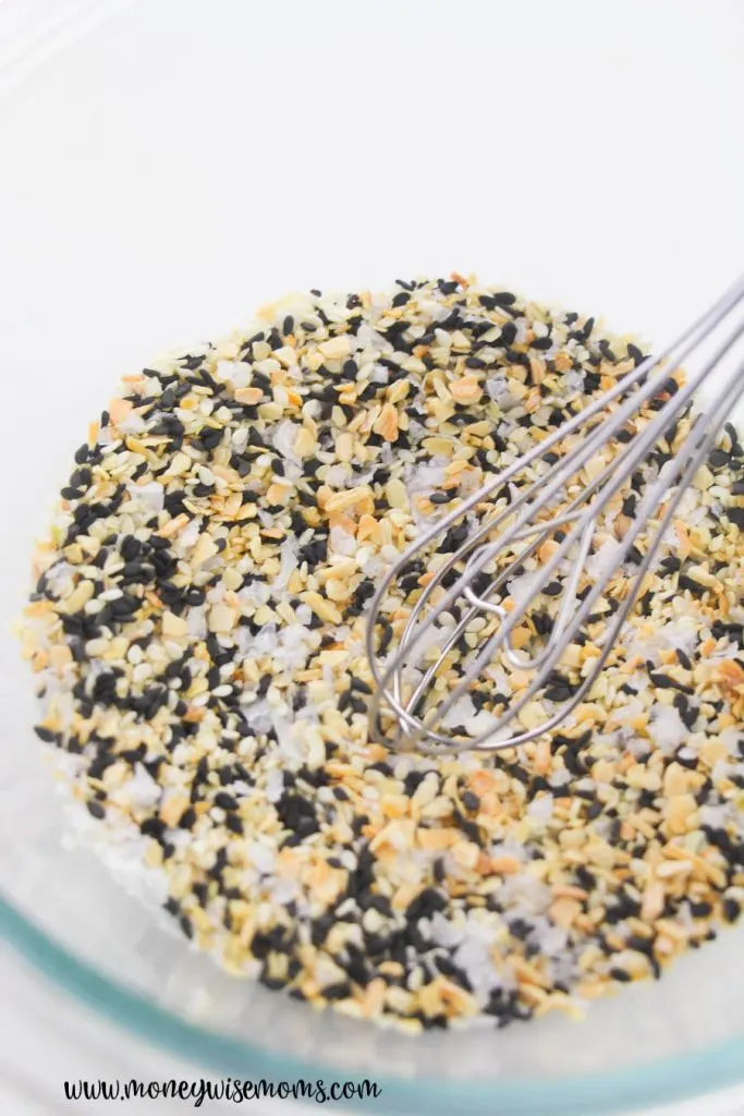 everything bagel seasoning mixture in a big bowl ready to put into a jar.