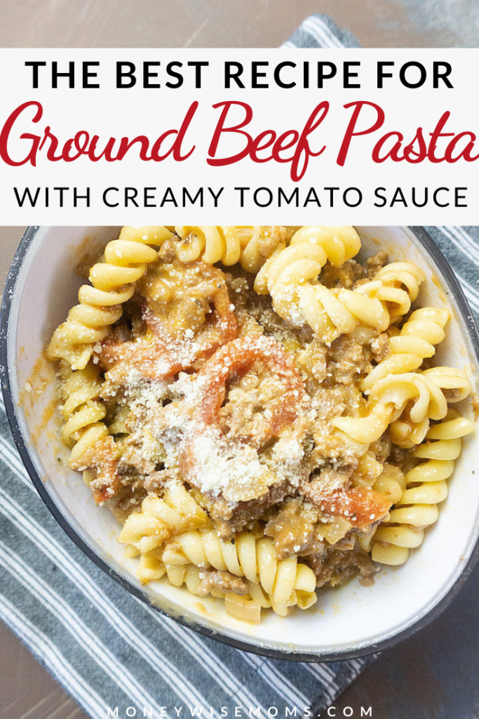 Ground beef pasta with creamy tomato sauce pins with title on top.