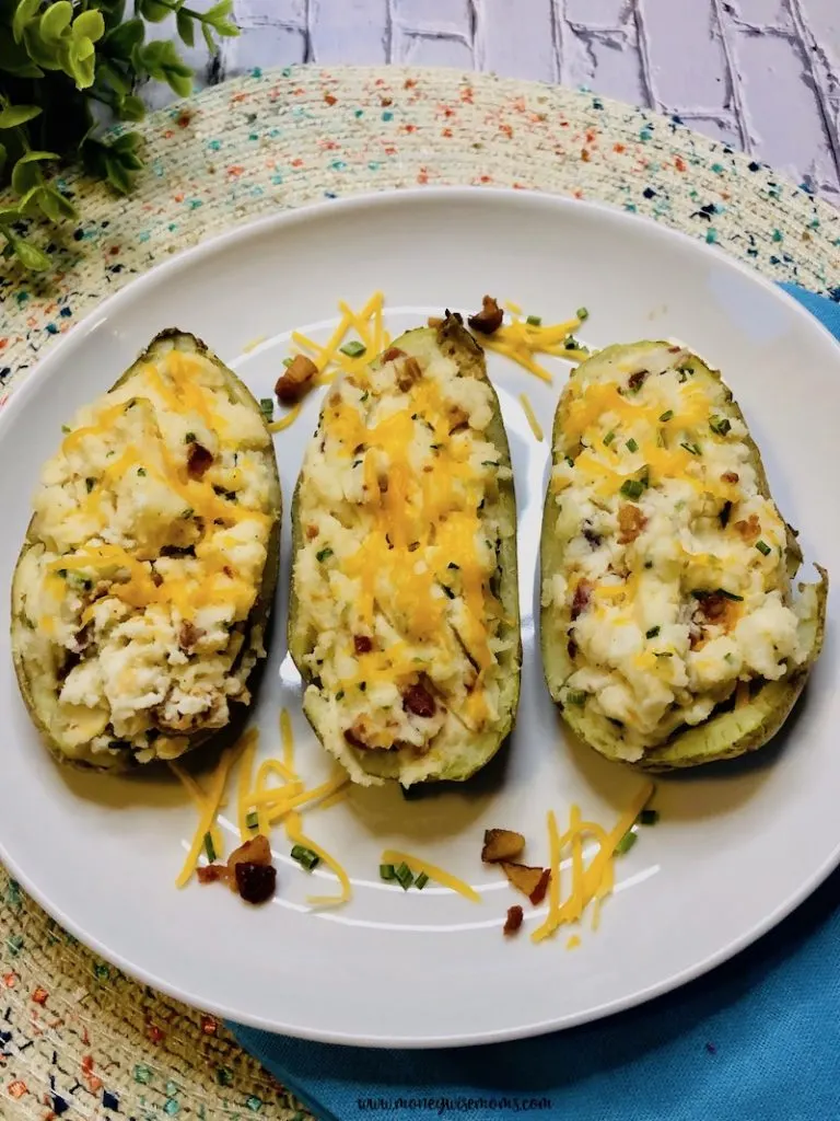 A look at the finished loaded baked potatoes ready to serve. 