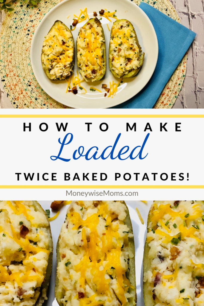 Pin showing the finished twice baked potatoes recipe ready to serve.