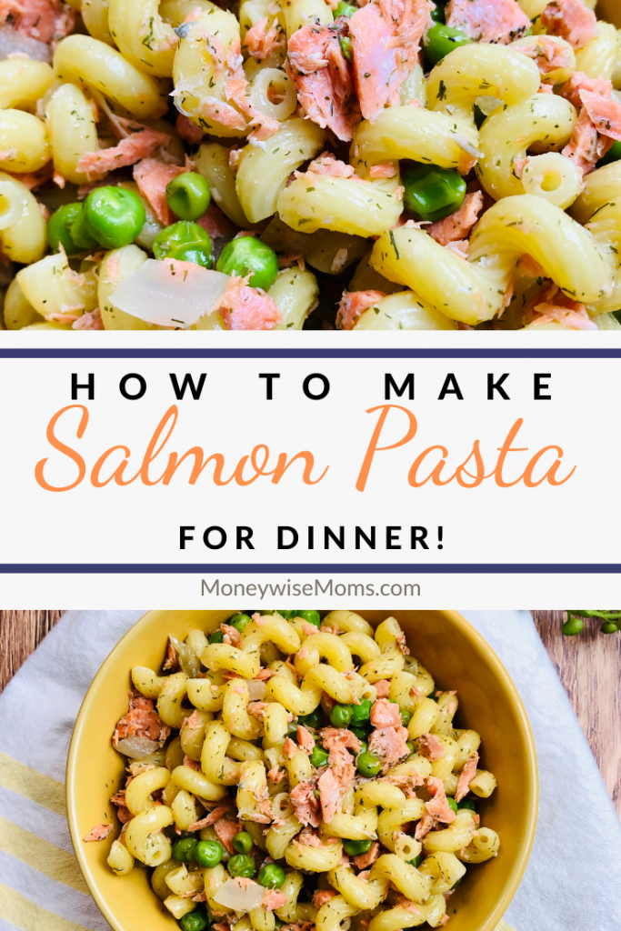 Another pin showing the finished salmon pasta ready to eat title across the middle. 