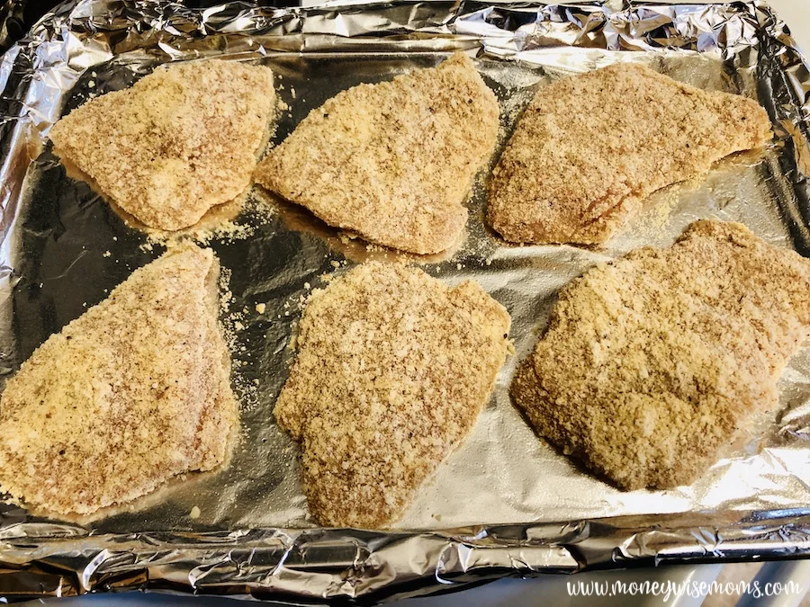 Chicken breaded and ready to bake. 