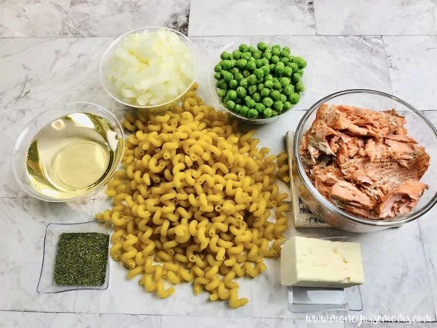 Ingredients needed to make salmon pasta recipe. 