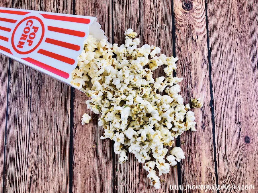 A delicious batch of zesty ranch popcorn ready to eat. 