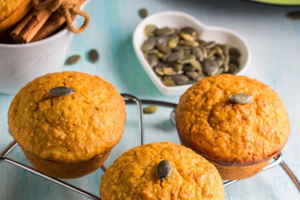 pumpkin wheat muffins on silver circular cooling rack