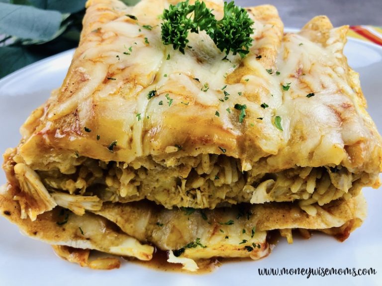Featured image showing the finished chicken enchiladas with red sauce on a plate ready to eat.