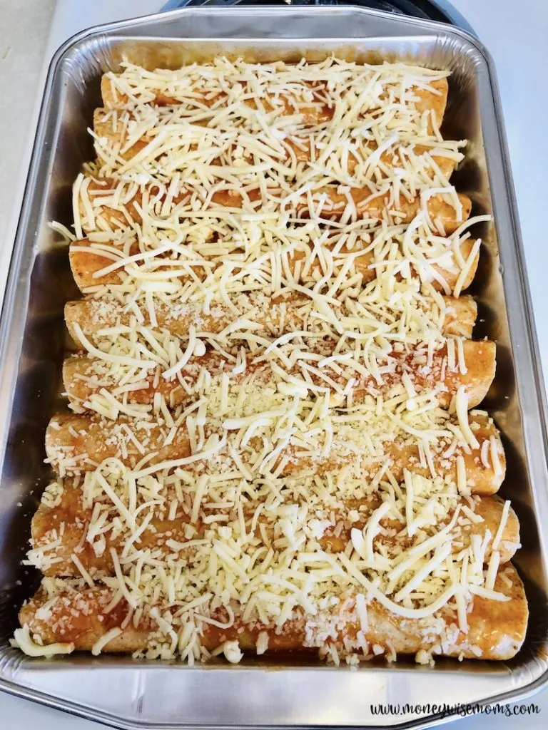 Finished pan with cheese on top ready to bake. 