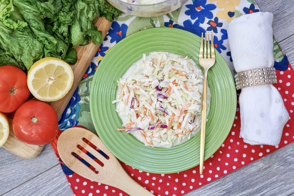 A top down look at the finished cole slaw ready to eat. 