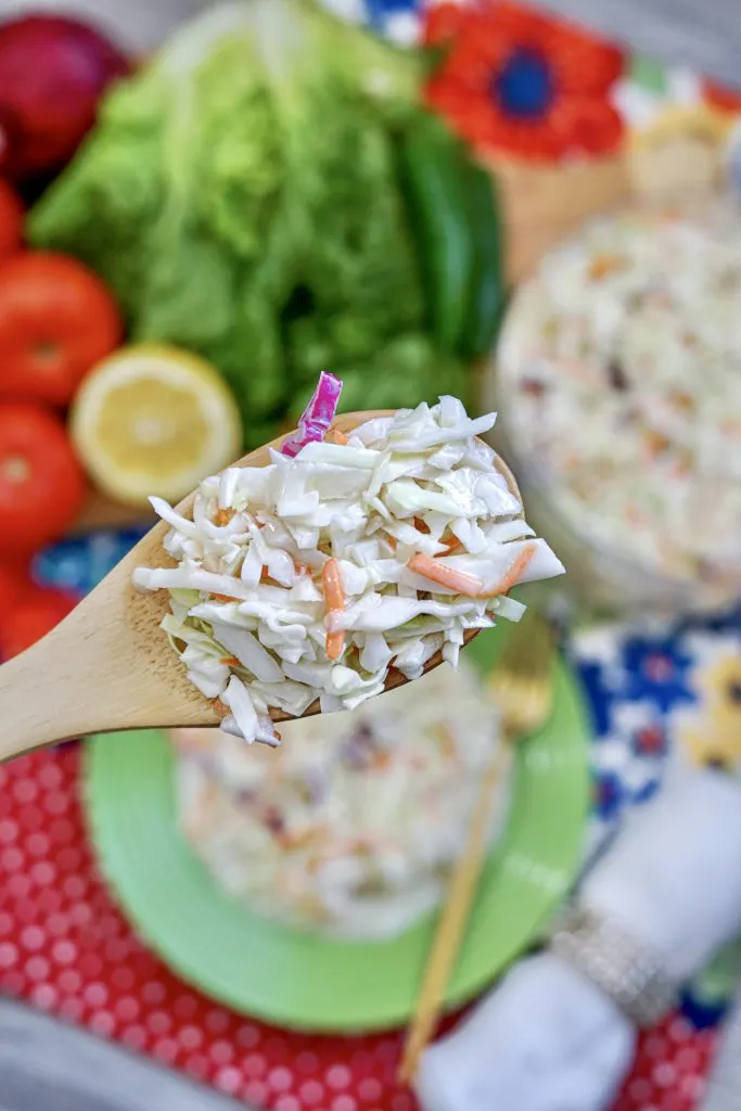 A scoop of the finished easy cole slaw 