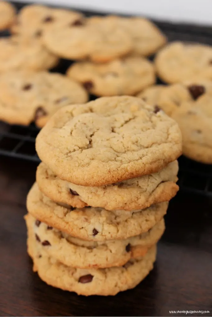 A stack of the finished egg free dairy free chocolate chip cookies. 