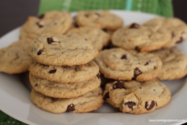 Plate full of the finished egg free dairy free chocolate chip cookies.