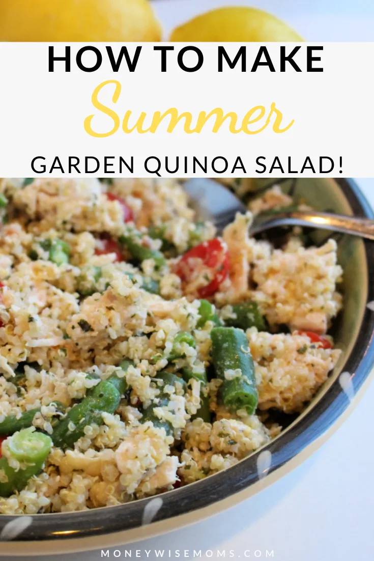 another pin showing the title of how to make summer garden quinoa salad with a photo of the finished salad ready to eat. 