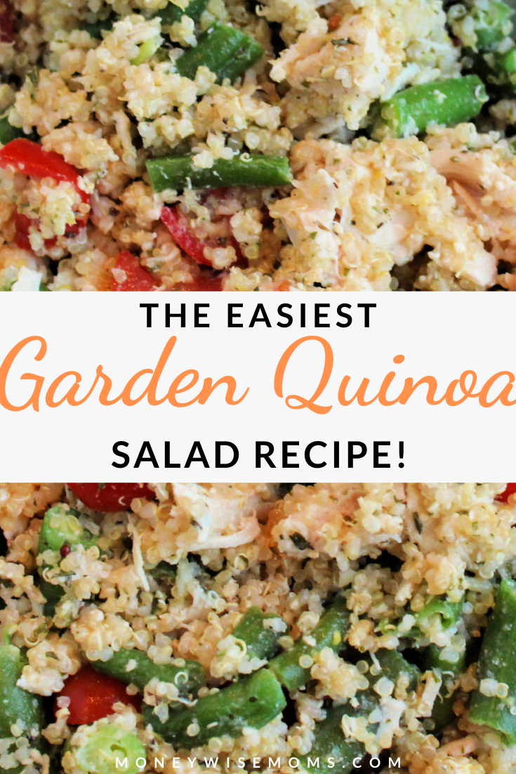 pin showing the easiest garden quinoa salad recipe title across image of the finished recipe ready to eat.