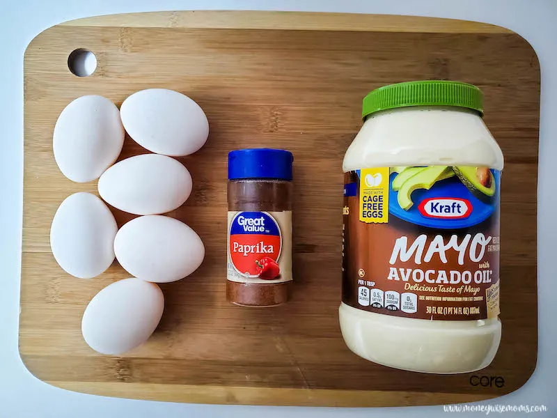 Ingredients needed to make easy deviled eggs. 