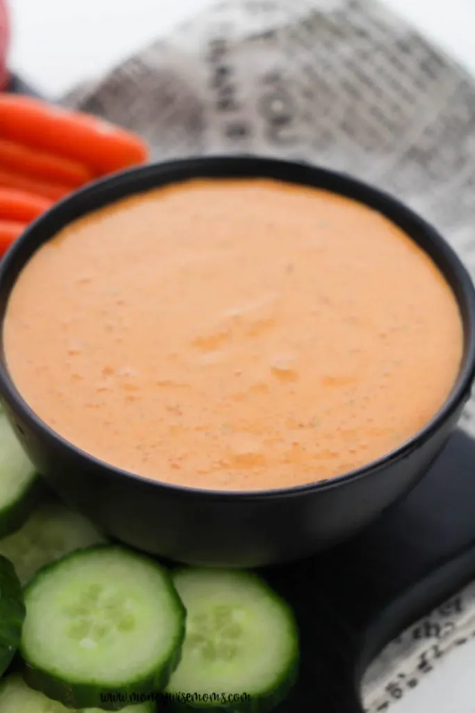 A close up of the bowl full of finished creamy roasted red pepper dip