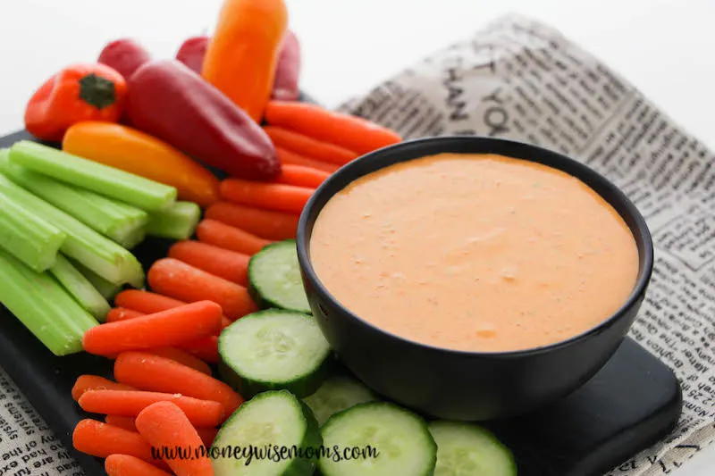 featured image showing the finished creamy roasted red pepper dip.