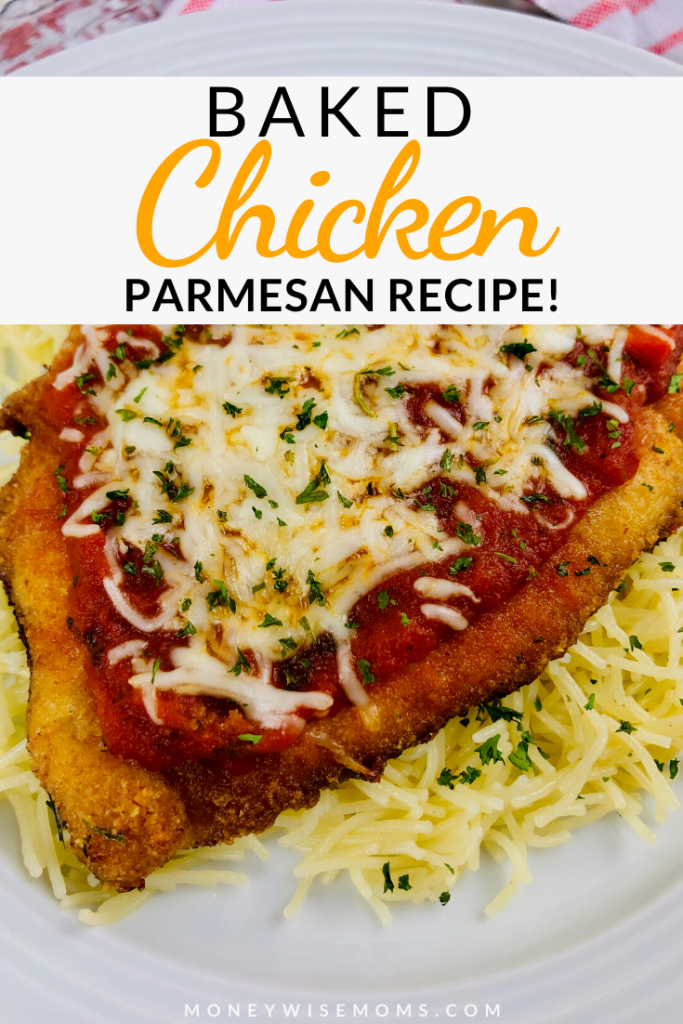 pin showing the finished recipe for baked chicken parmesan ready to eat title across the top.
