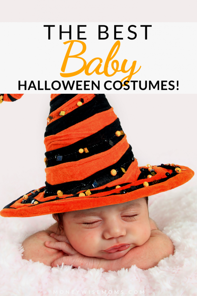 Pin showing baby in a halloween costume and post title across the top. 