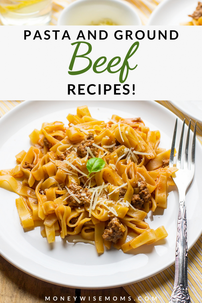 Pin showing a ground beef pasta recipe ready to eat with title across the top.