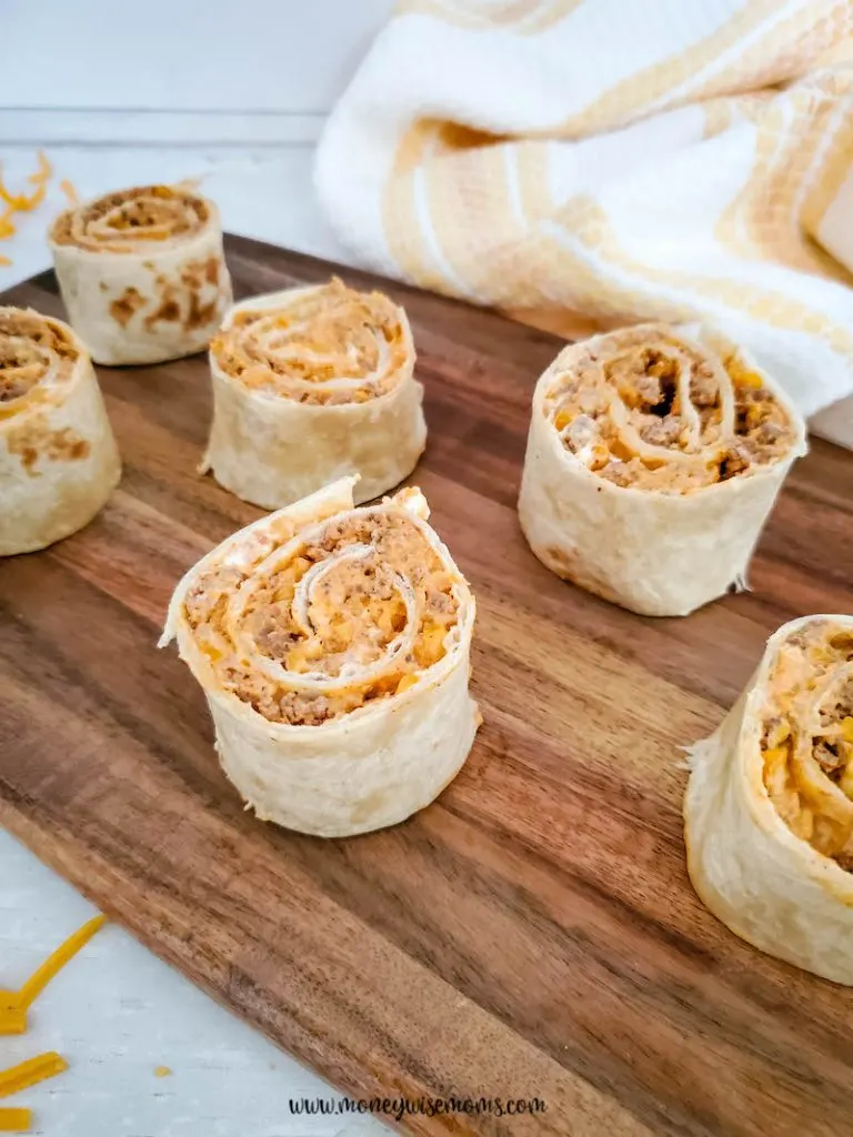 A close up view of the finished recipe for taco pinwheels ready to eat. 