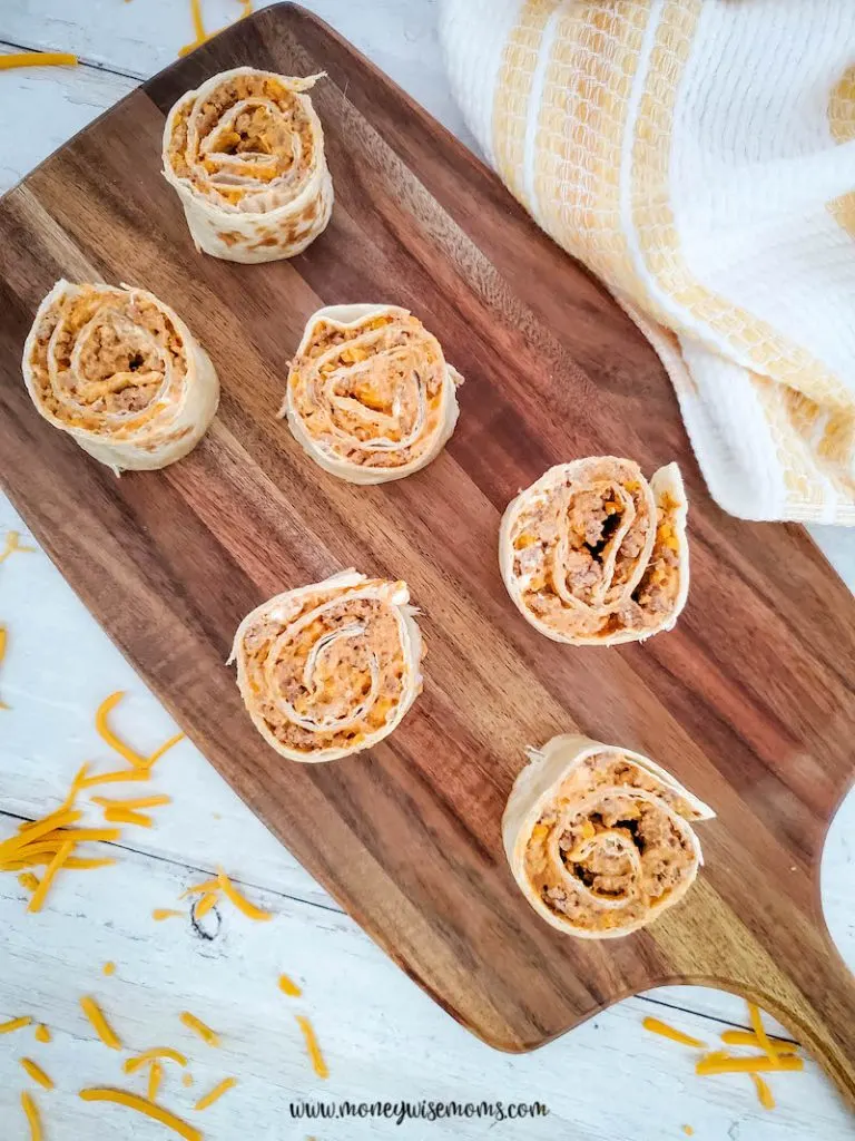Top down view of the sliced taco pinwheels ready to be served. 