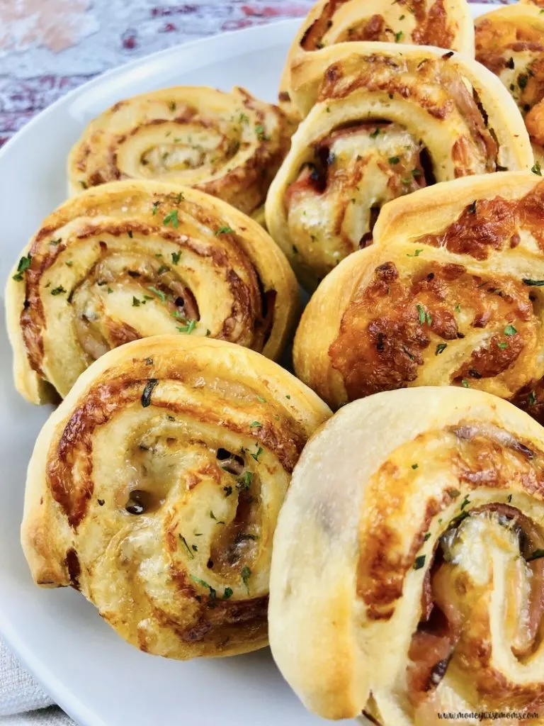 finished baked ham and cheese pinwheels. 