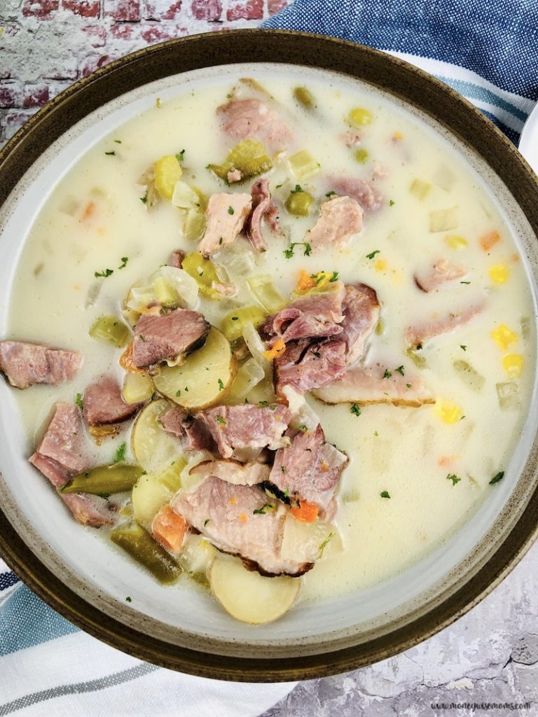 A close up look at the finished ham vegetable chowder in a bowl ready to eat. 
