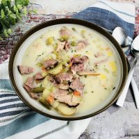 Featured image showing the finished ham vegetable chowder ready to eat.