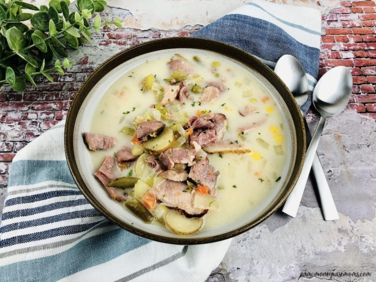 Featured image showing the finished ham vegetable chowder ready to eat.