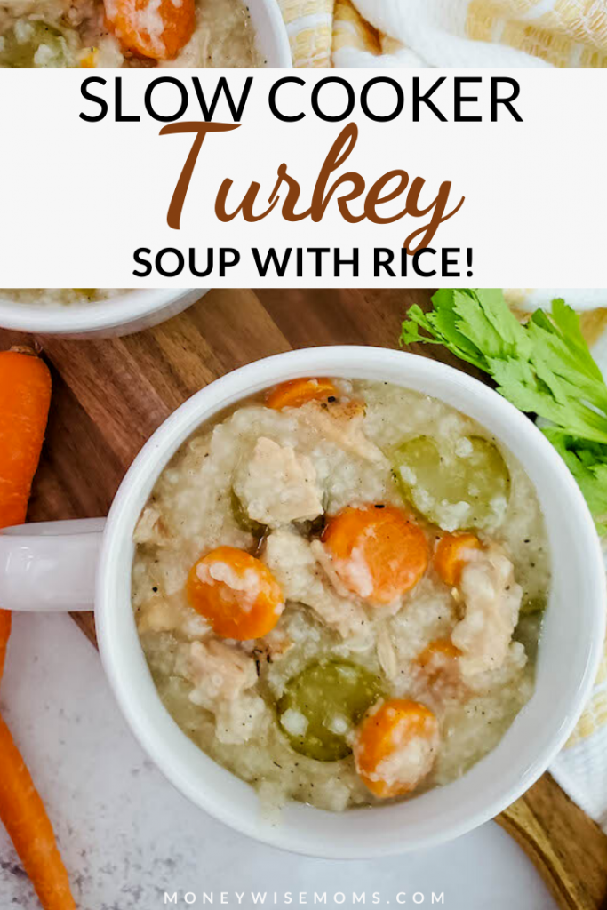 A pin image showing the finished slow cooker turkey soup with rice ready to eat with title across the middle. 