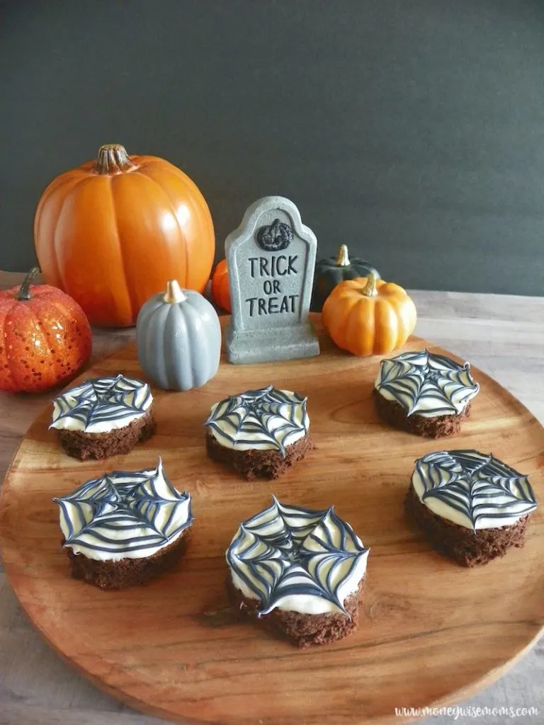 Halloween table with finished spooky brownies ready to eat. 