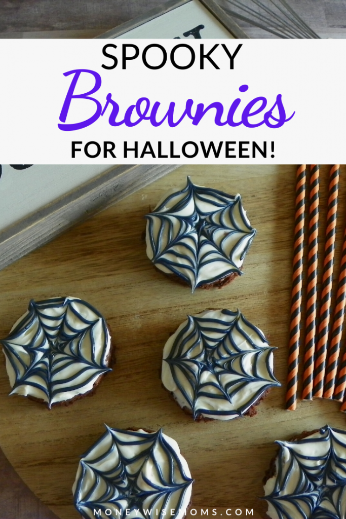 pin showing the finished spooky brownies for halloween ready to eat with title across the top. 