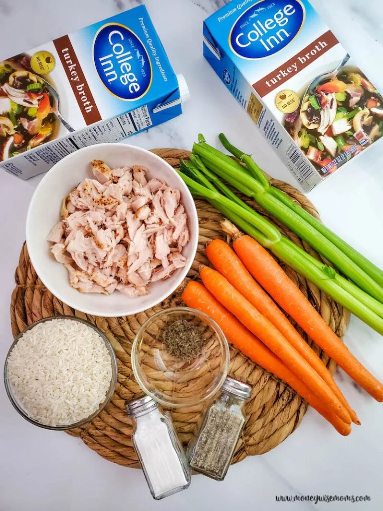 ingredients needed to make slow cooker turkey and rice soup. 