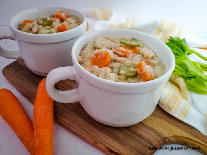 Featured image showing the finished slow cooker turkey soup with rice ready to eat