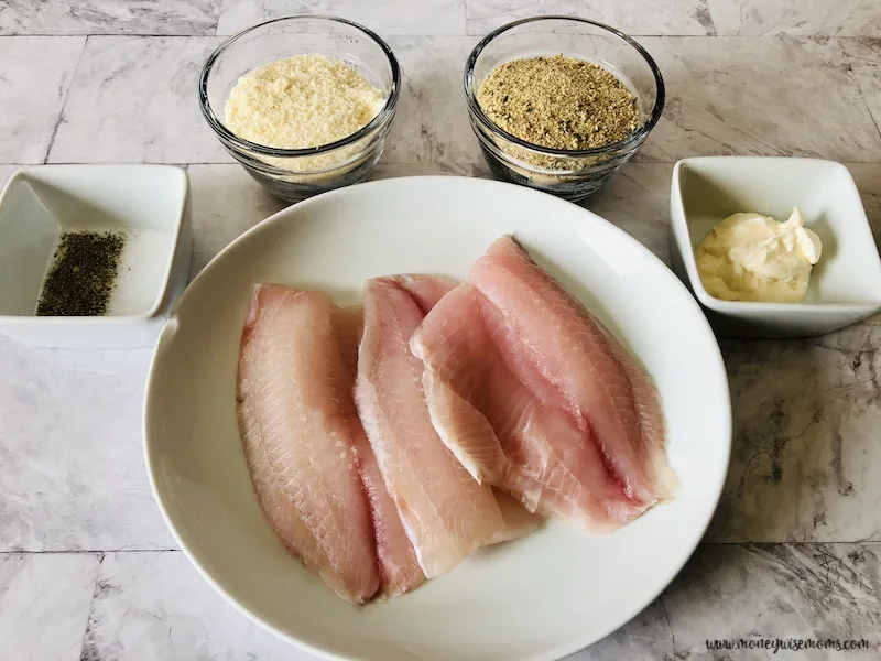 All the ingredients needed to make parmesan crusted tilapia laid out before we begin cooking. 