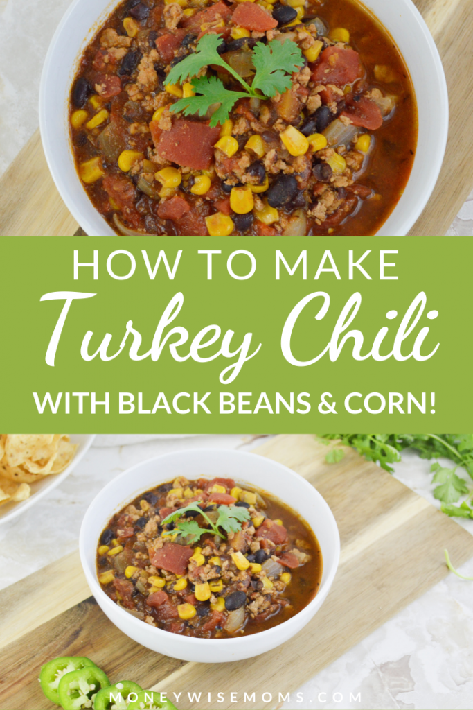 Pin showing images of the finished turkey chili with title across the middle. 
