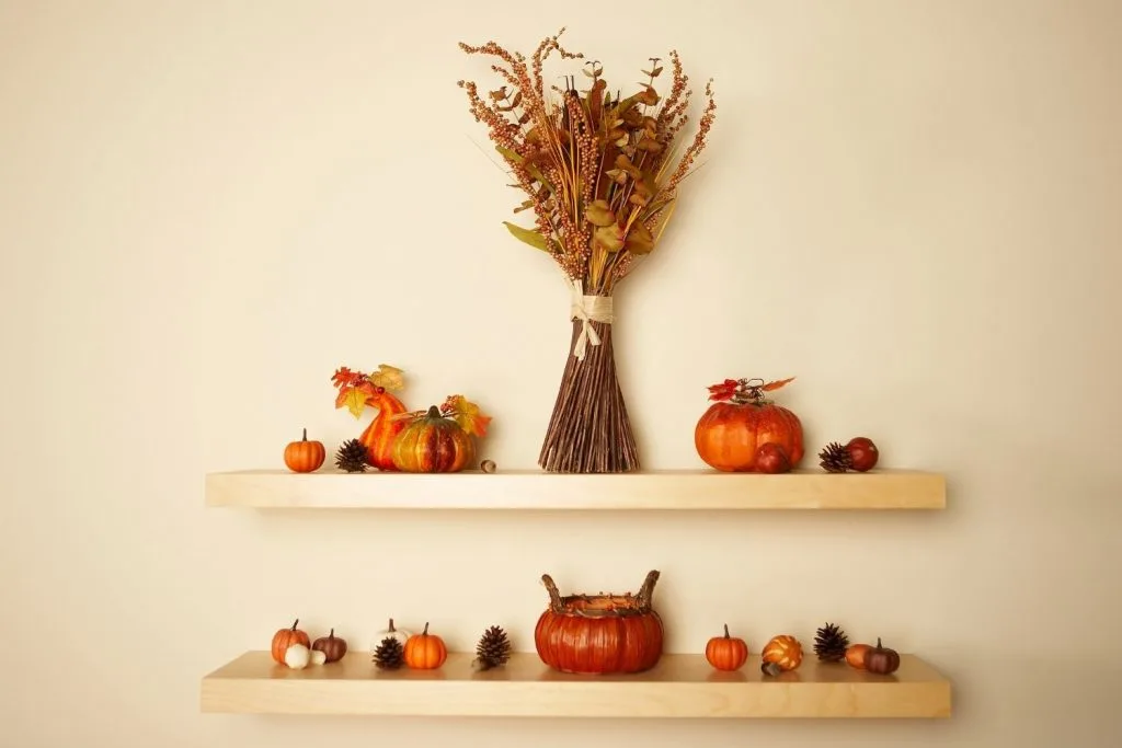 Shelves decorated for fall Thanksgiving