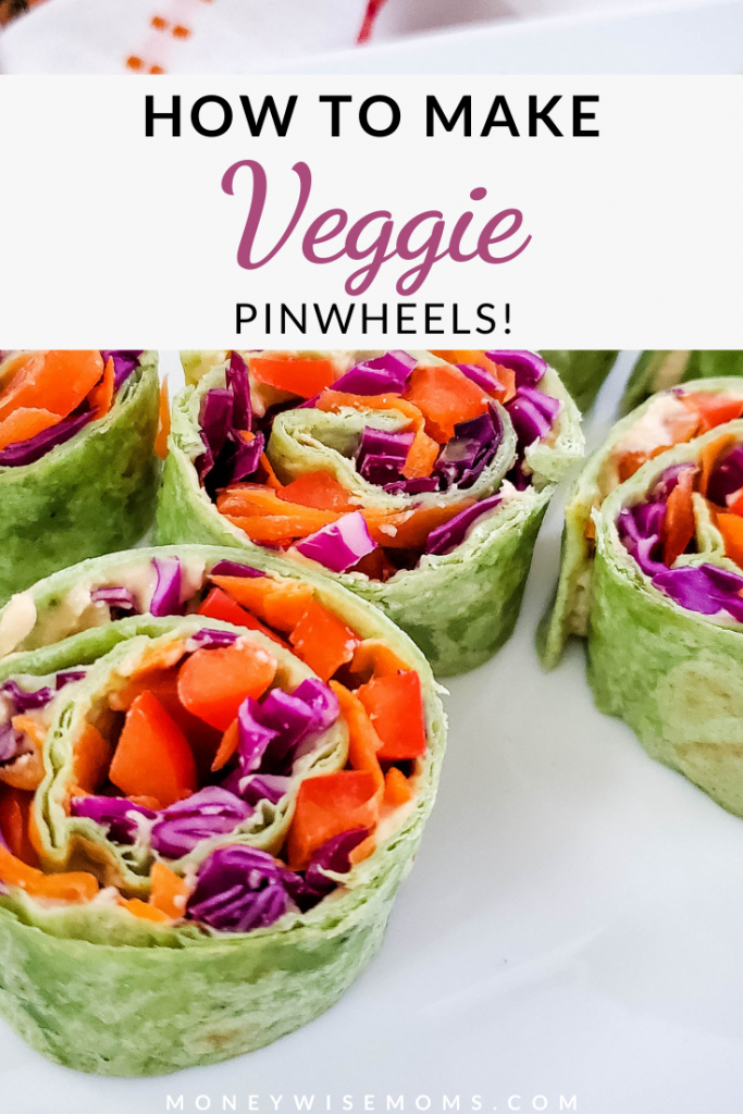 Pin showing the finished veggie pinwheels ready to eat title across the top