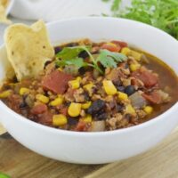 A bowl of the finished turkey chili ready to be enjoyed.