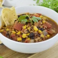 A bowl of the finished turkey chili ready to be enjoyed.