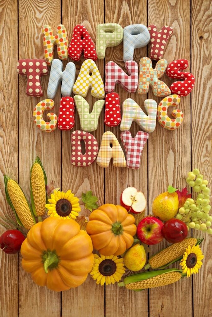 colorful fabric letters that spell Happy Thanksgiving Day on wooden background - family thanksgiving